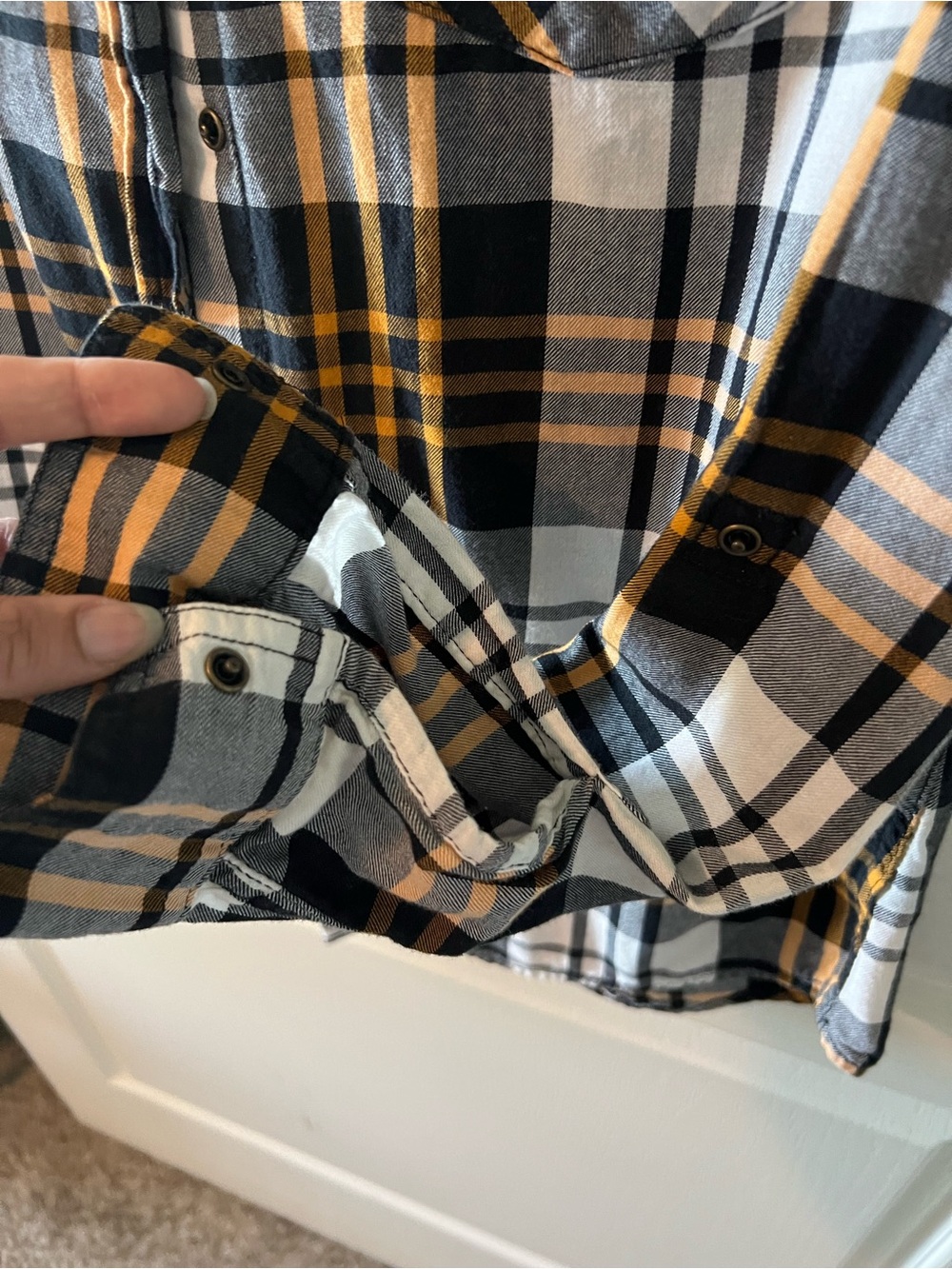 Arizona Jeans Plaid Button-Up Shirt in Black, White & Mustard - Picture 6 of 8